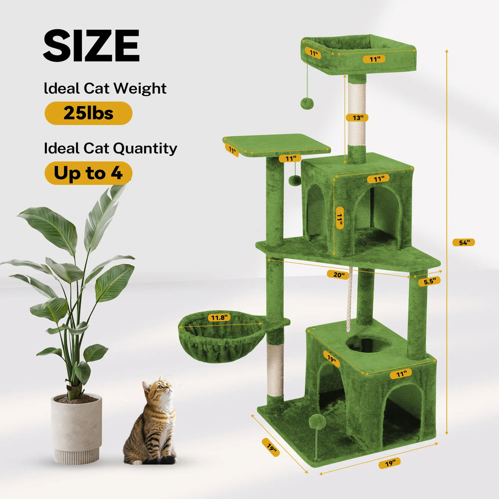 Wecharmer Indoor Cat Tree Tower with Green Leaves - Plush Cat Condo with Hanging Ball and Scratching Posts, Summerwins