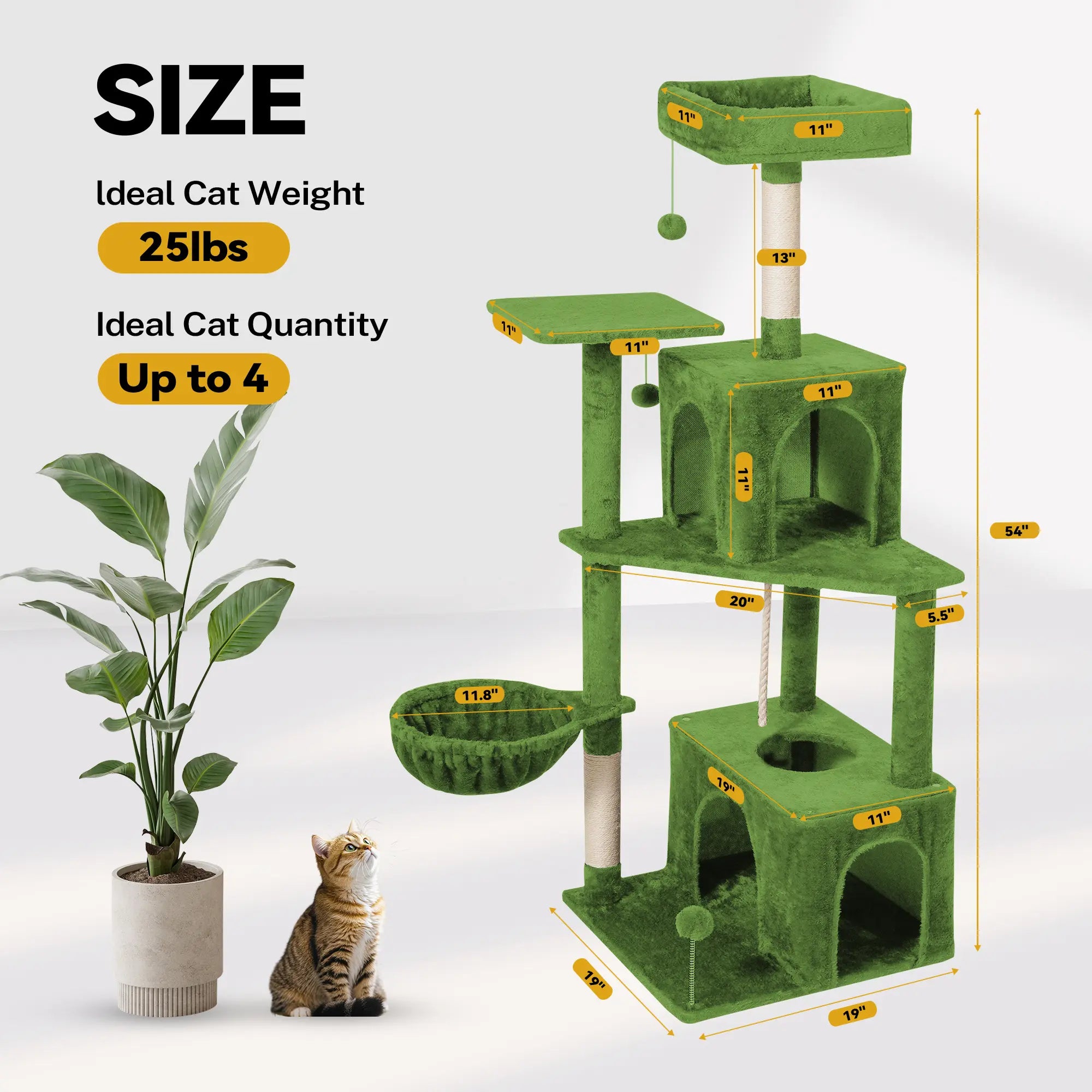 Wecharmer Indoor Cat Tree Tower with Green Leaves - Plush Cat Condo with Hanging Ball and Scratching Posts, Summerwins