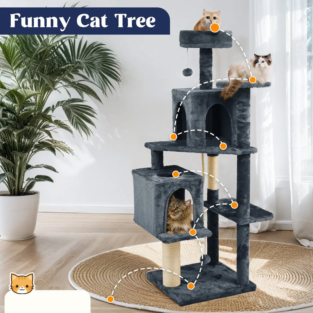 Wecharmer Indoor Cat Tree Tower with Green Leaves - Plush Cat Condo with Hanging Ball and Scratching Posts, Summerwins