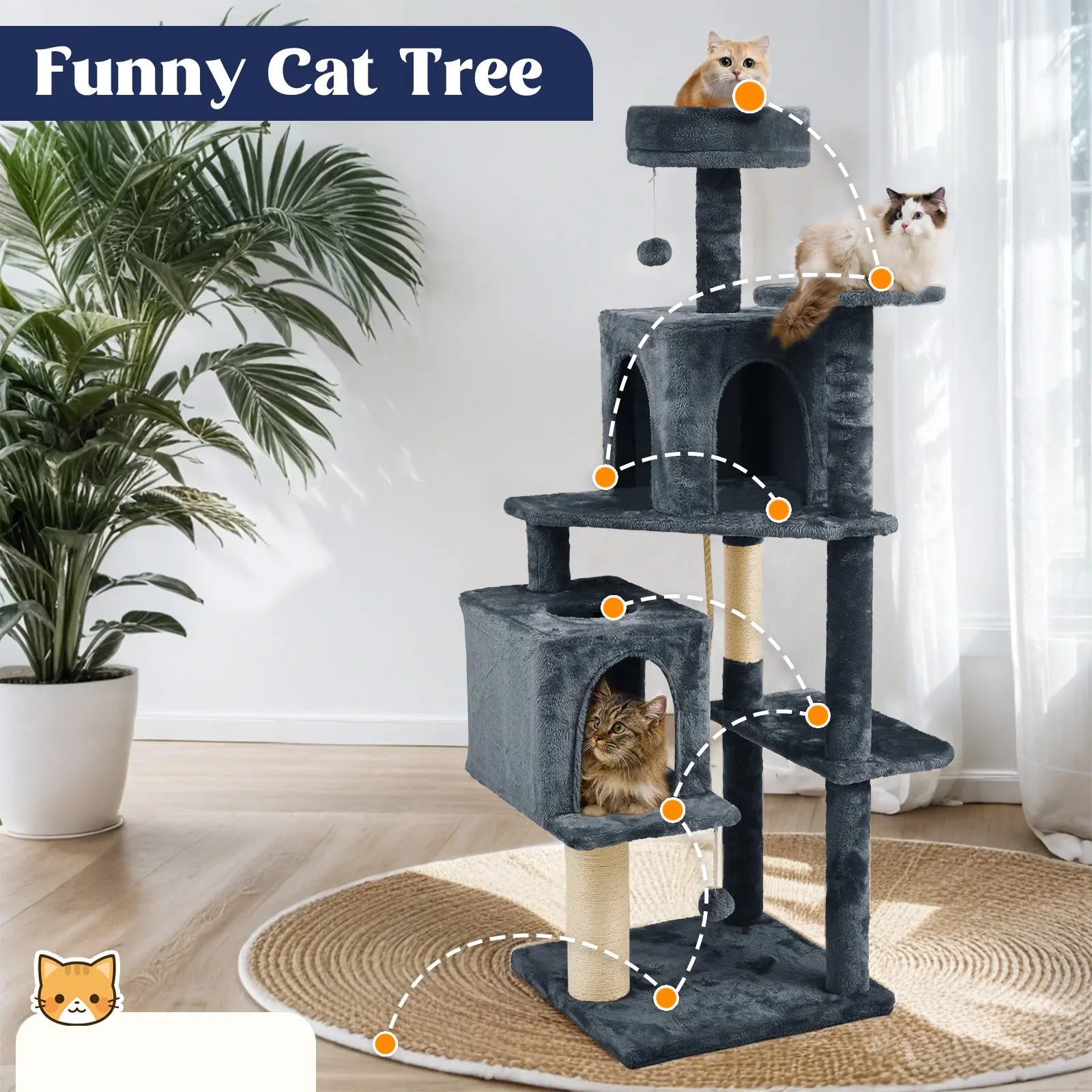 Wecharmer Indoor Cat Tree Tower with Green Leaves - Plush Cat Condo with Hanging Ball and Scratching Posts, Summerwins