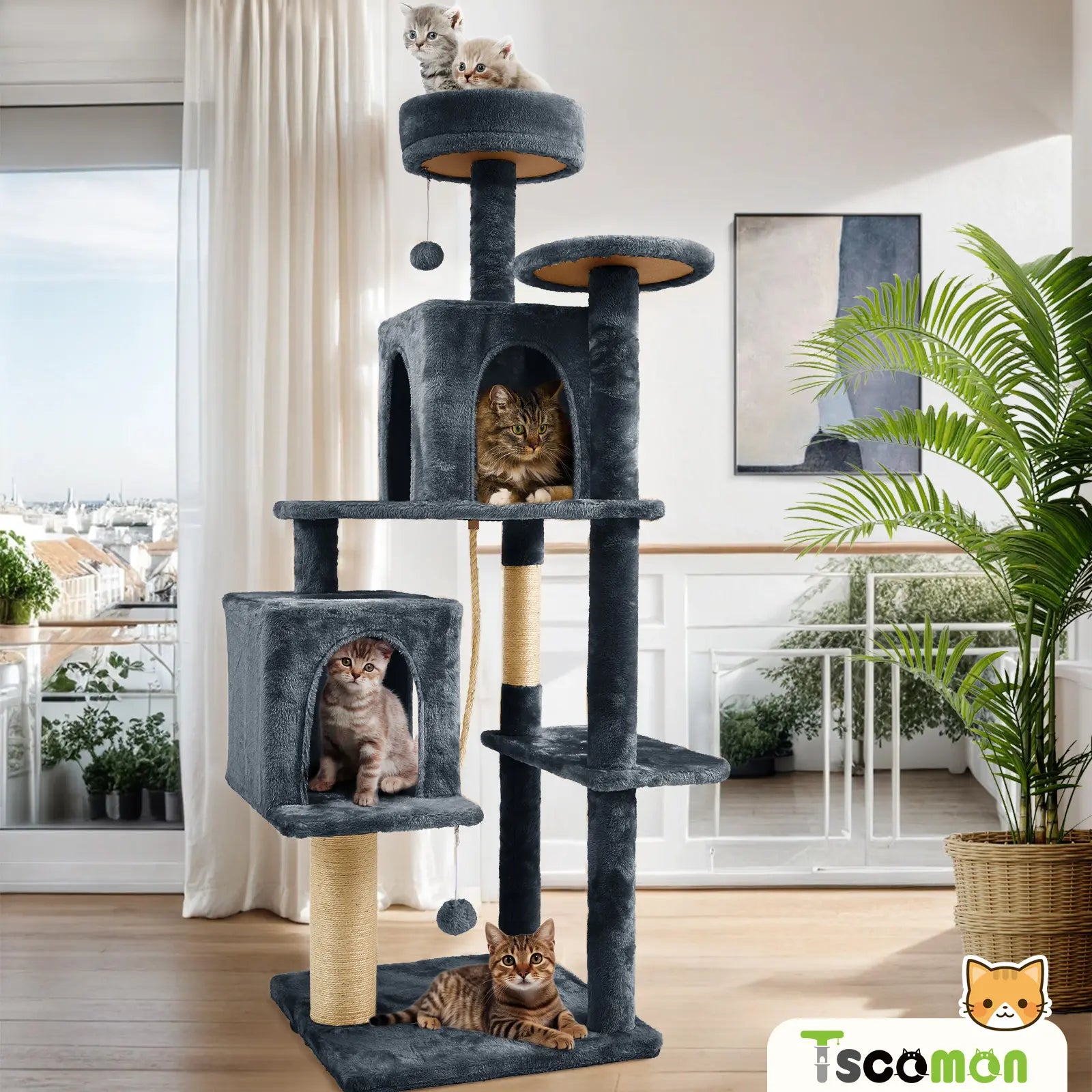 Wecharmer Indoor Cat Tree Tower with Green Leaves - Plush Cat Condo with Hanging Ball and Scratching Posts, Summerwins