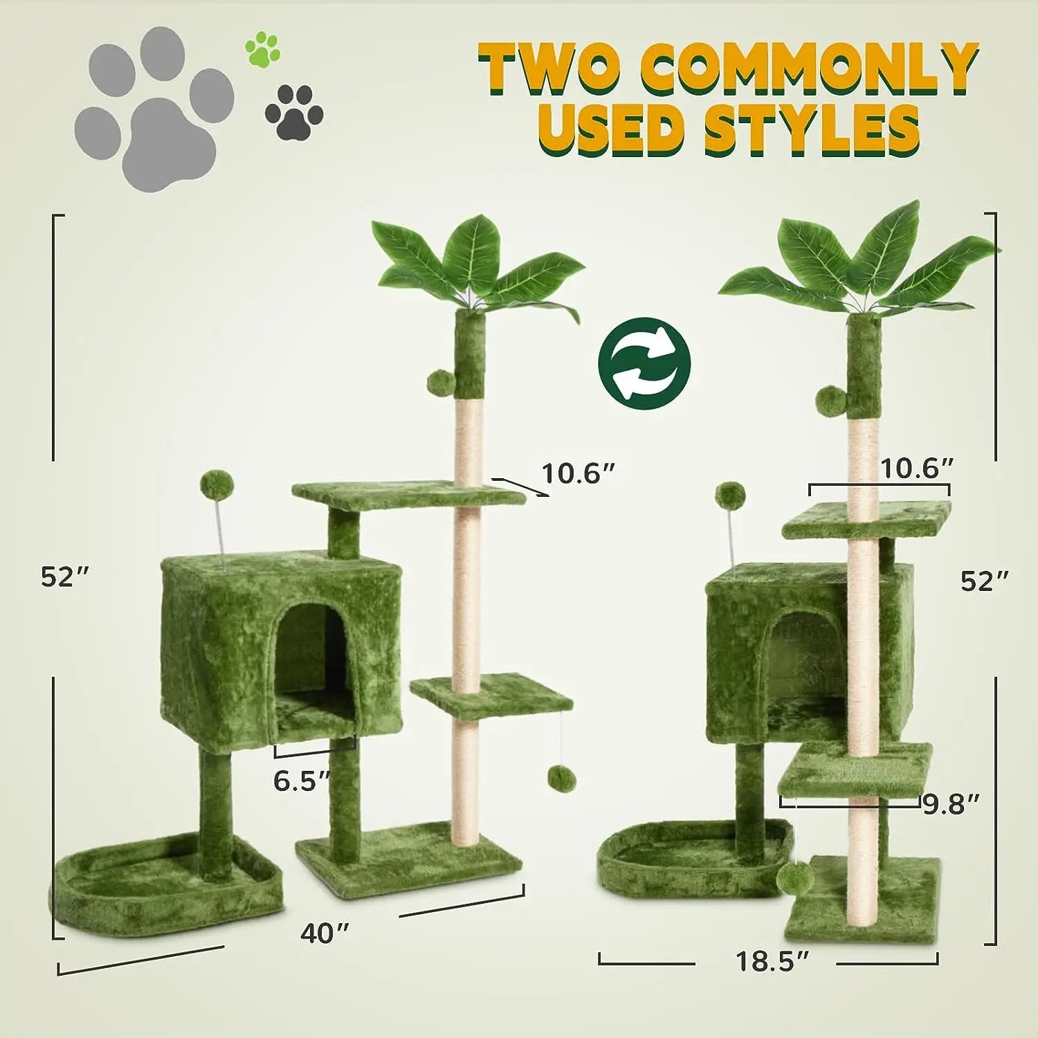 Wecharmer Indoor Cat Tree Tower with Green Leaves - Plush Cat Condo with Hanging Ball and Scratching Posts, Summerwins