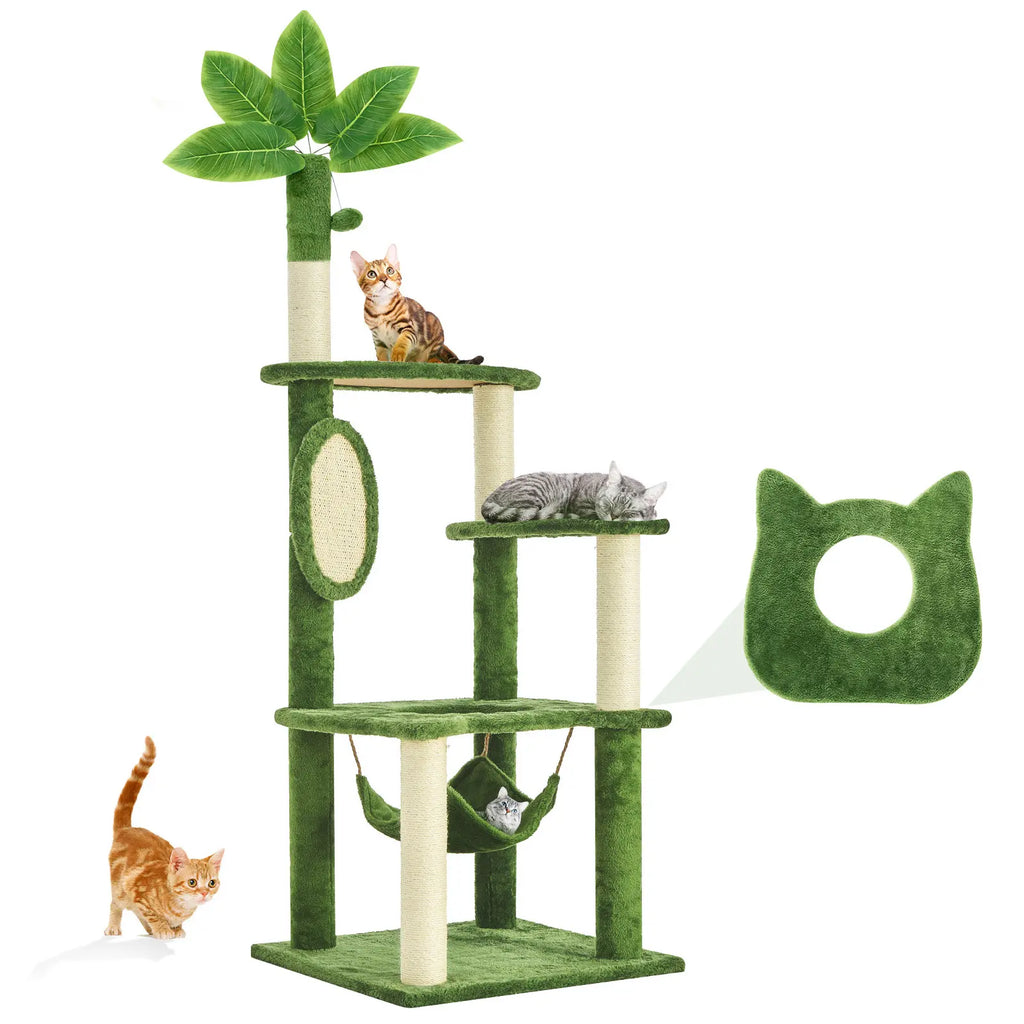 Wecharmer Indoor Cat Tree Tower with Green Leaves - Plush Cat Condo with Hanging Ball and Scratching Posts, Summerwins
