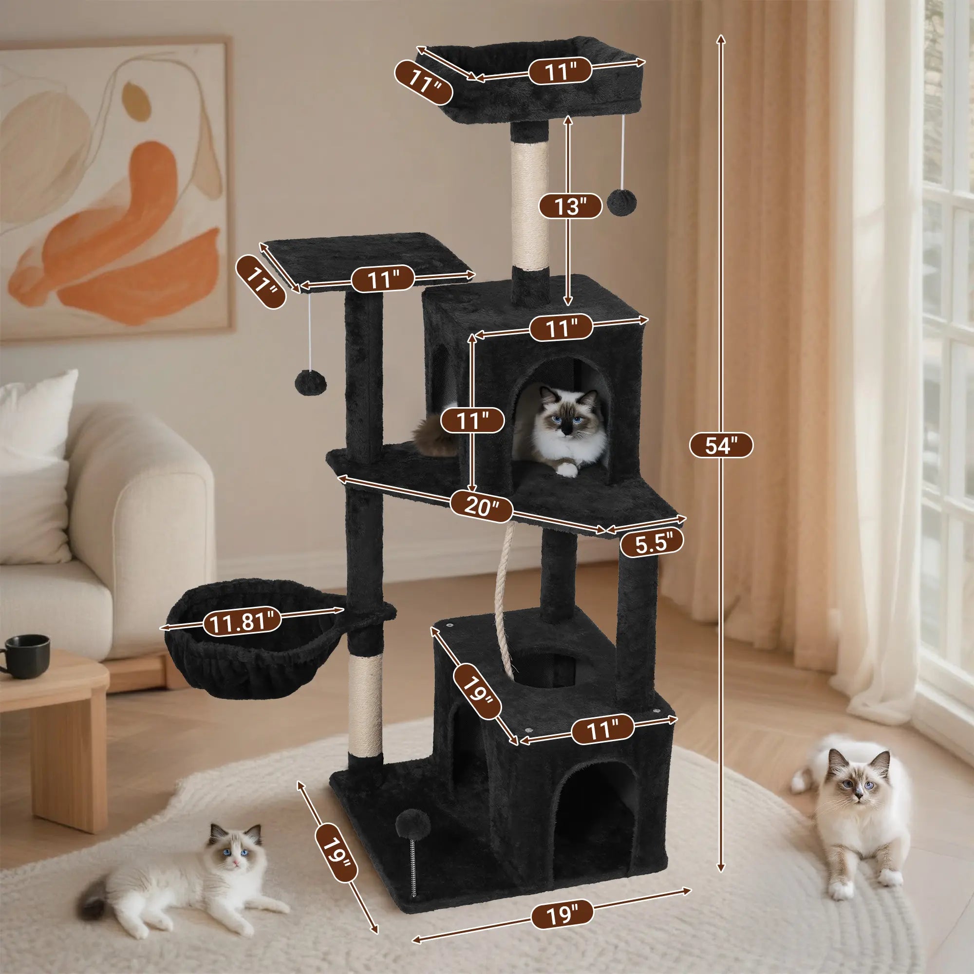 Wecharmer Indoor Cat Tree Tower with Green Leaves - Plush Cat Condo with Hanging Ball and Scratching Posts, Summerwins