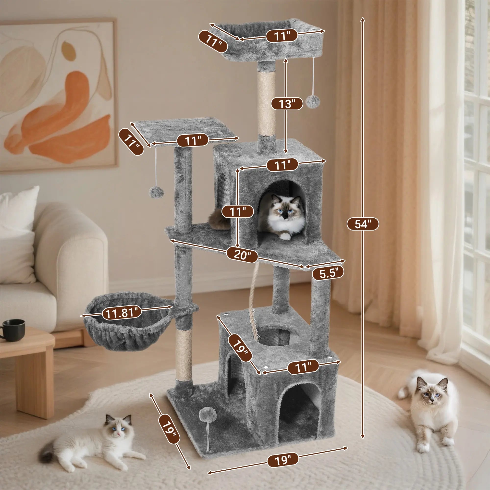 Wecharmer Indoor Cat Tree Tower with Green Leaves - Plush Cat Condo with Hanging Ball and Scratching Posts, Summerwins
