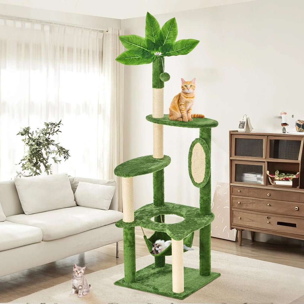 Wecharmer Indoor Cat Tree Tower with Green Leaves - Plush Cat Condo with Hanging Ball and Scratching Posts, Summerwins