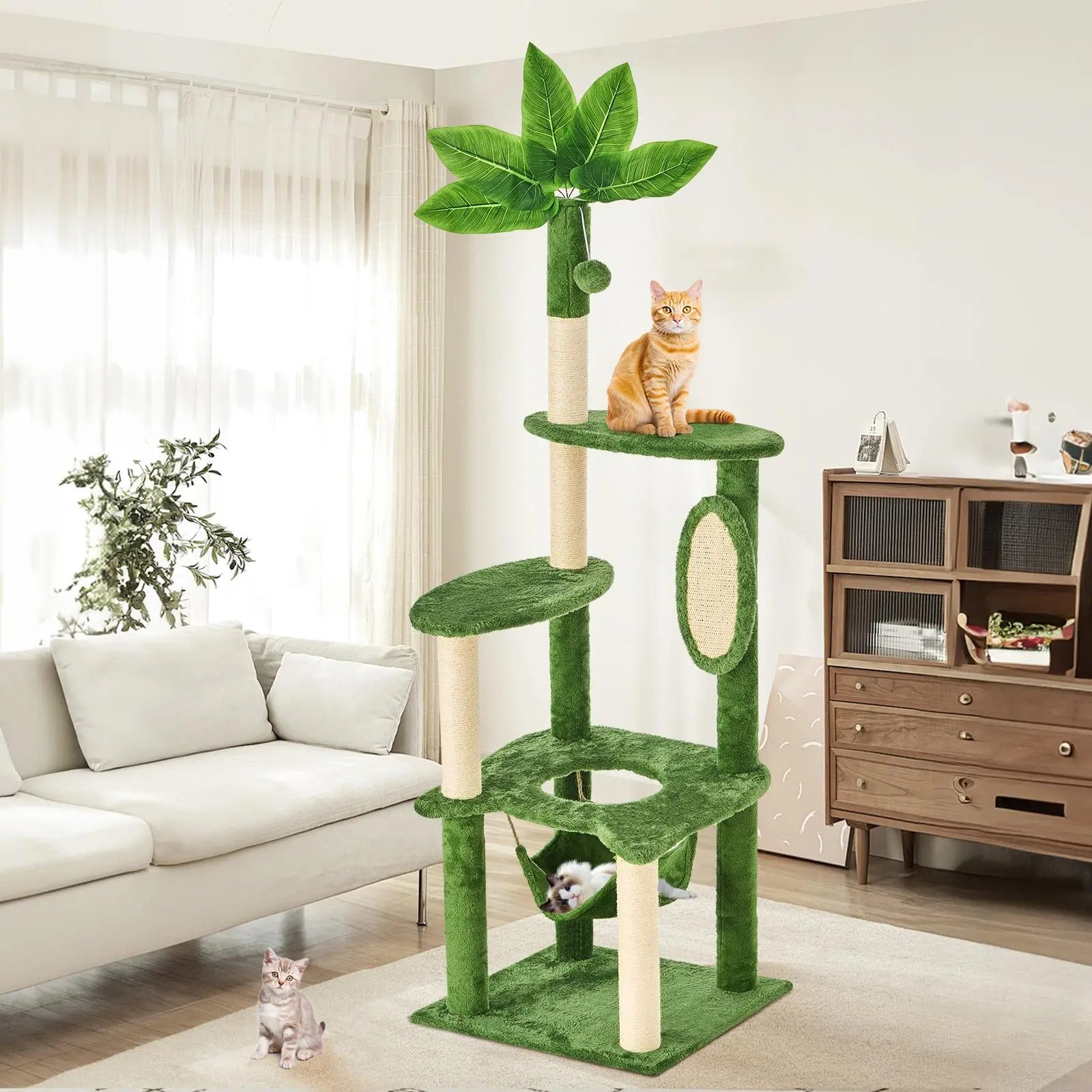 Wecharmer Indoor Cat Tree Tower with Green Leaves - Plush Cat Condo with Hanging Ball and Scratching Posts, Summerwins