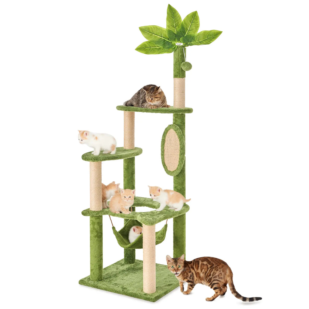 Wecharmer Indoor Cat Tree Tower with Green Leaves - Plush Cat Condo with Hanging Ball and Scratching Posts, Summerwins