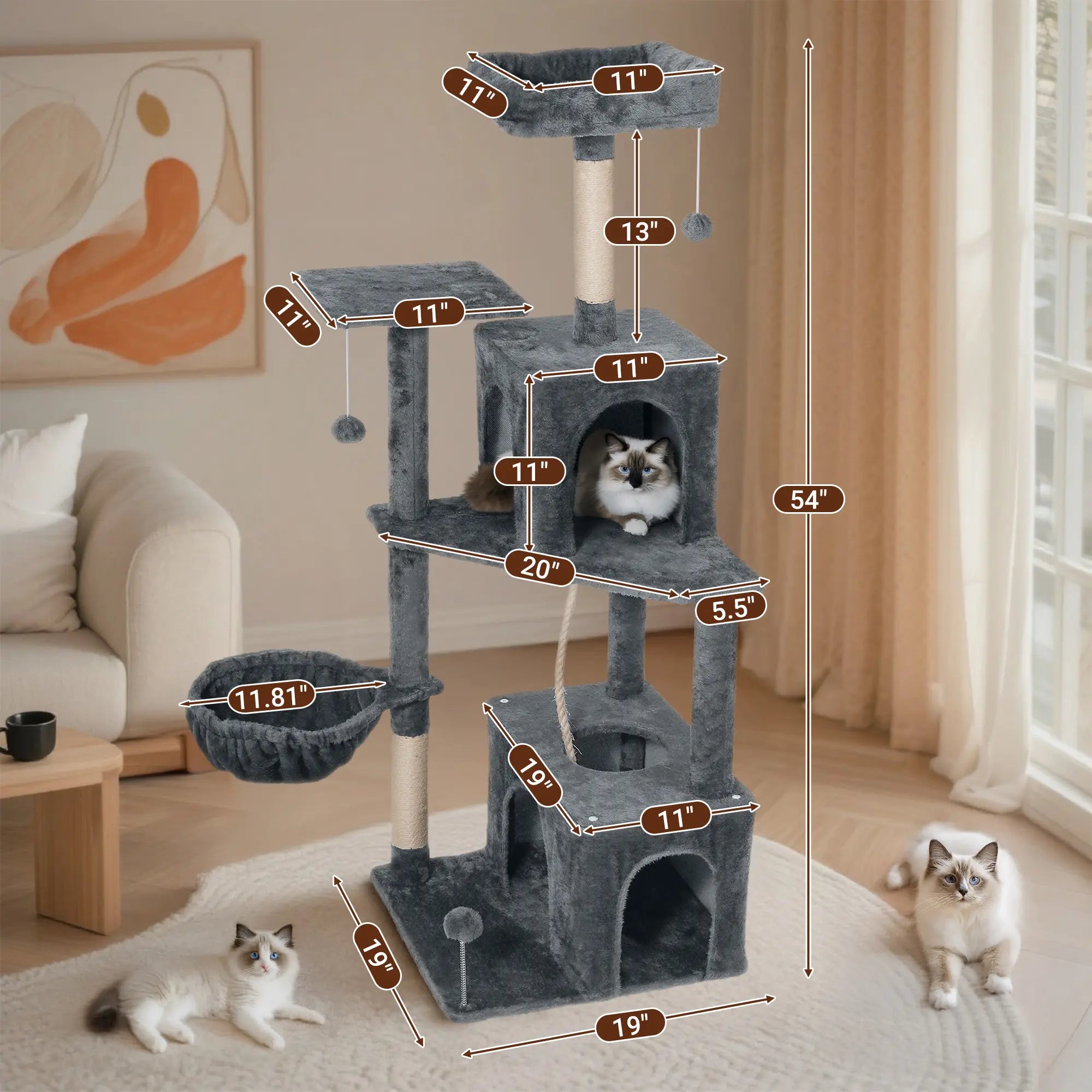 Wecharmer Indoor Cat Tree Tower with Green Leaves - Plush Cat Condo with Hanging Ball and Scratching Posts, Summerwins