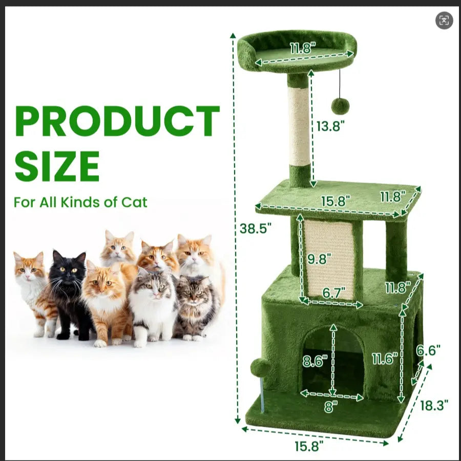 Wecharmer Indoor Cat Tree Tower with Green Leaves - Plush Cat Condo with Hanging Ball and Scratching Posts, Summerwins